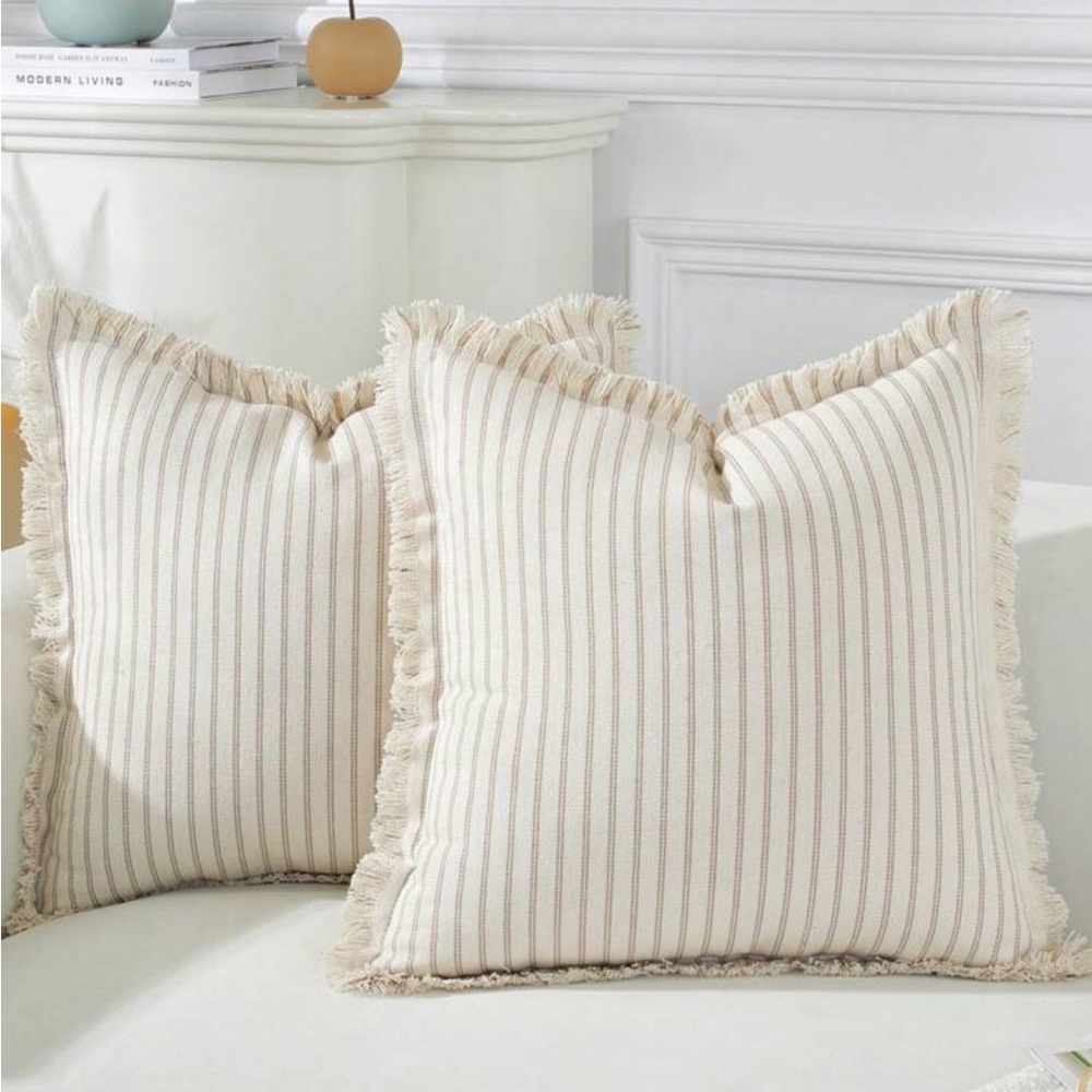 Tan & White Cushion Covers Set of 2 18x18